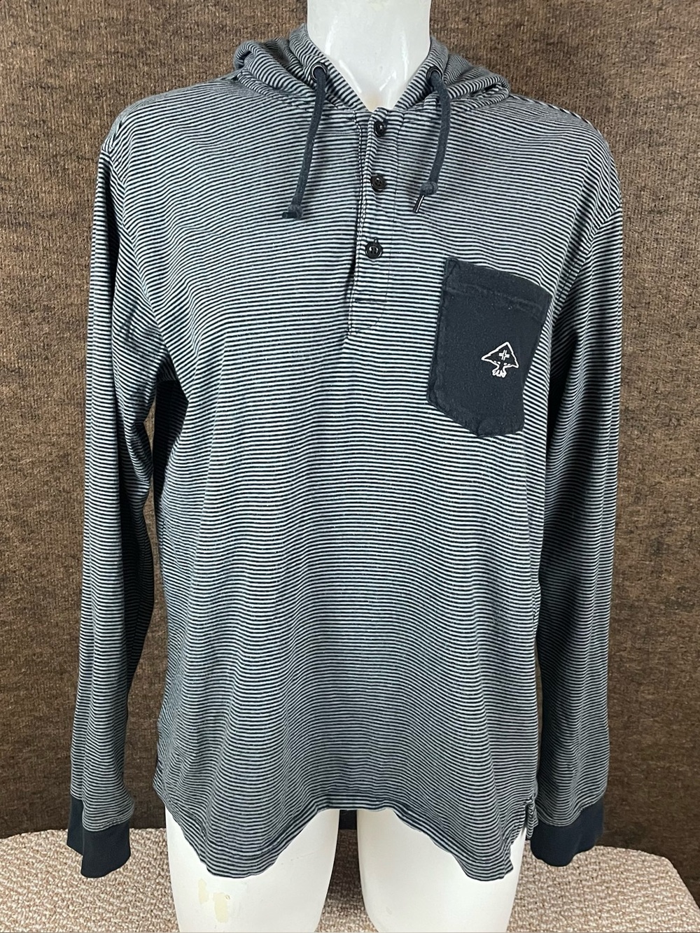 LRG Lifted Research Group Henley Hoodie Sweater Medium Pullover Striped Knit C9